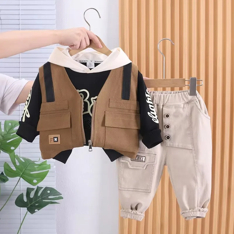 Korean New Spring Autumn Baby Clothes Kids Pocket Sleeveless Vest+Hooded Top+Pant 3pcs Outfit Childrens Christmas Sport Clothing