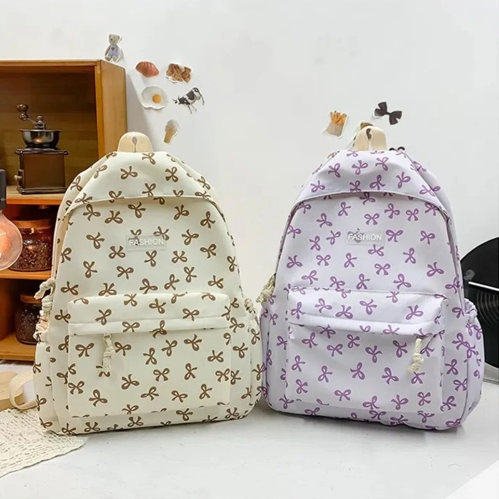 Nylon Student Backpack Bow Printed for Girls Women Schoolbag Adjustable Strap Travel Bag Cute Knapsack