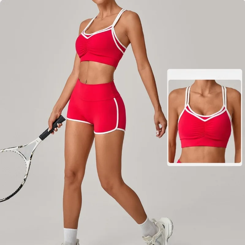 New Women's Yoga Set Color-Block Sports Bra Hip-Lifting Shorts Two-Piece Set Color-Block Tight-Fitti