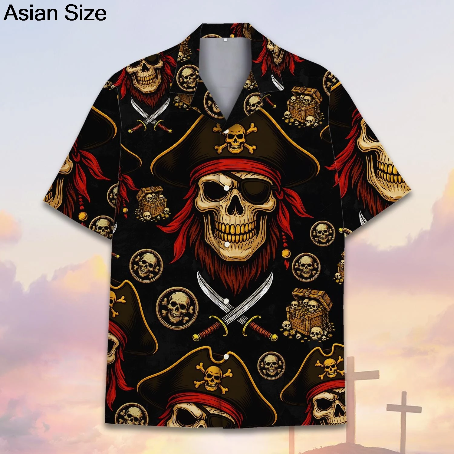 

Men's Hawaii Skeleton Pirate Captain Storm Sailing Cartoon Print Shirts Short Sleeve Shirt Summer Beach Shirts For Boy Clothing