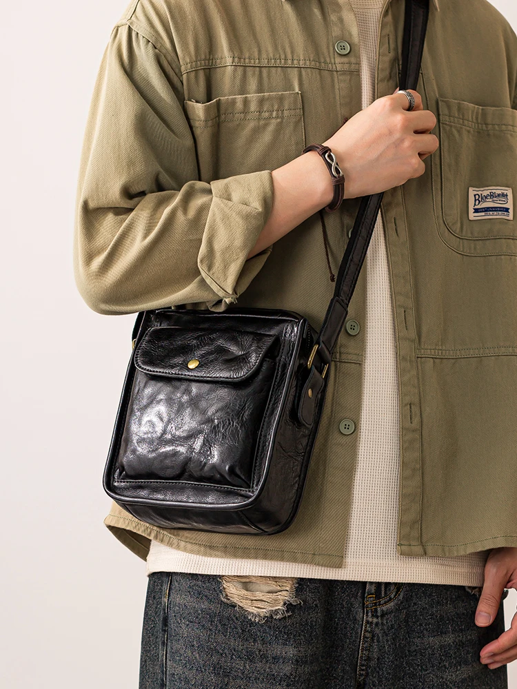 Simple casual designer handmade first layer cowhide men's mobile phone bag outdoor weekend daily genuine leather shoulder bag
