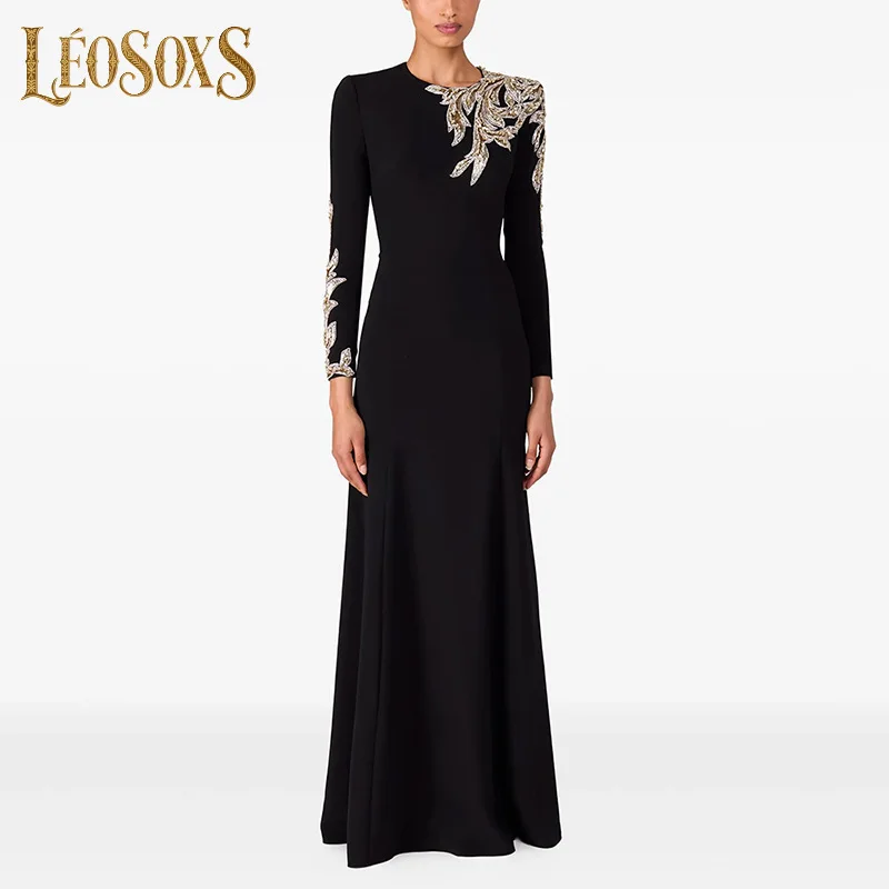 LEOSOXS Vestido de noite luxuoso feminino preto com bordado de folha de ouro intrincado e bainha de sereia para galas formais ultramorosas