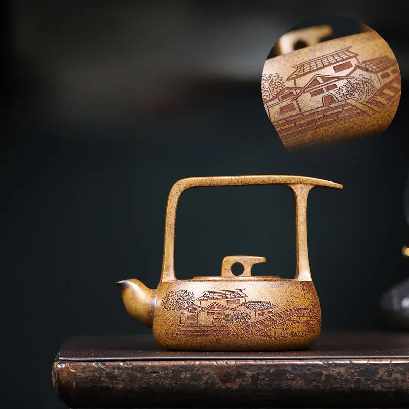 340ml Yixing Purple Clay Teapots Handmade Lifting Handle Pot Raw Ore wood-fired porcelain Mud Tea Brewing Kettle Zisha Tea Set