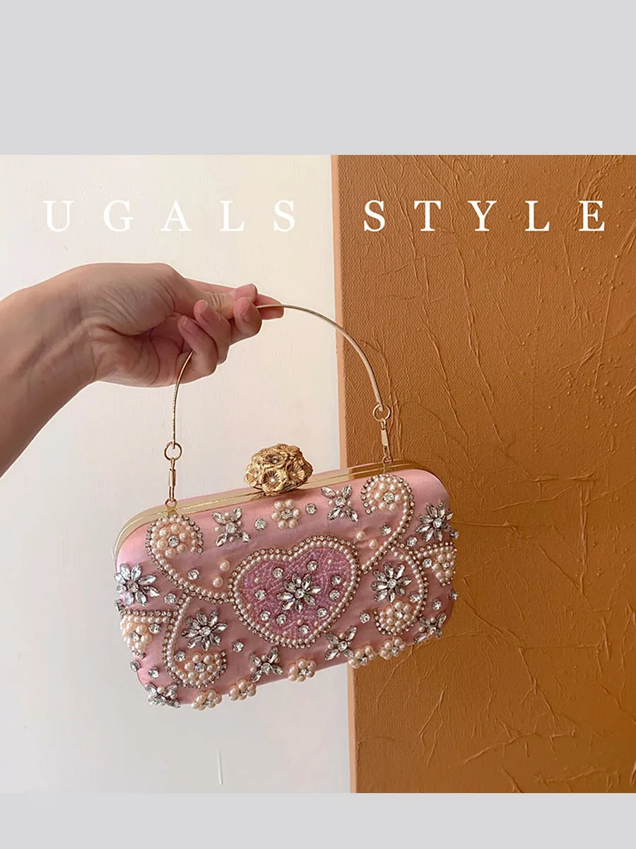

UGALS Sparkling Box Square Handbag Silk Satin Surface Metal Clutch Crossbody Bag for Evening Party New Chinese Style Hard Handle