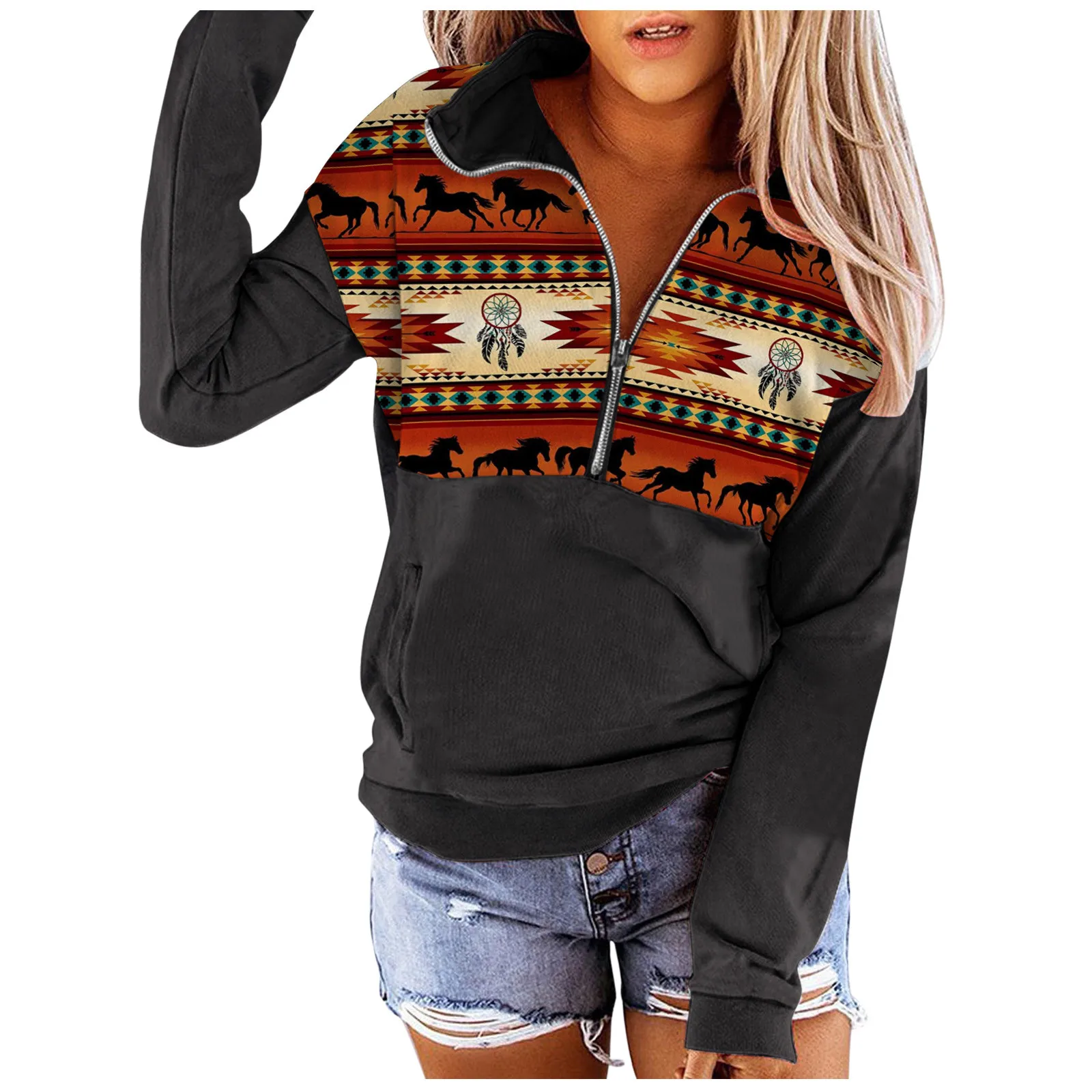 2024 Women Sweatshirts Women Clothing Lapel Zip Up Pullover Autumn Women Hoodies Western Aztec Graphic Sweatshirt Plus Size