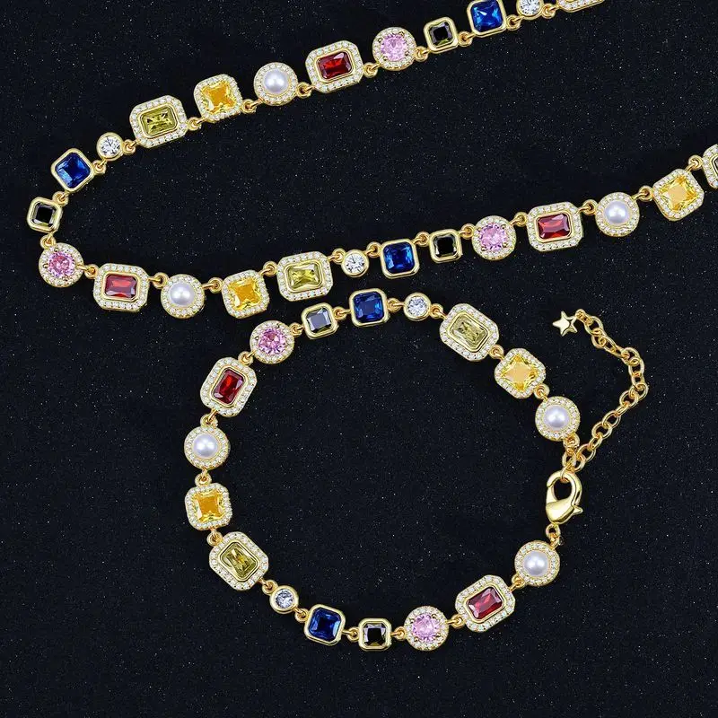 Glam retro hip hop men pearl and assorted gem tennis set adjustable necklace bracelet for rapper banquet casual gathering events