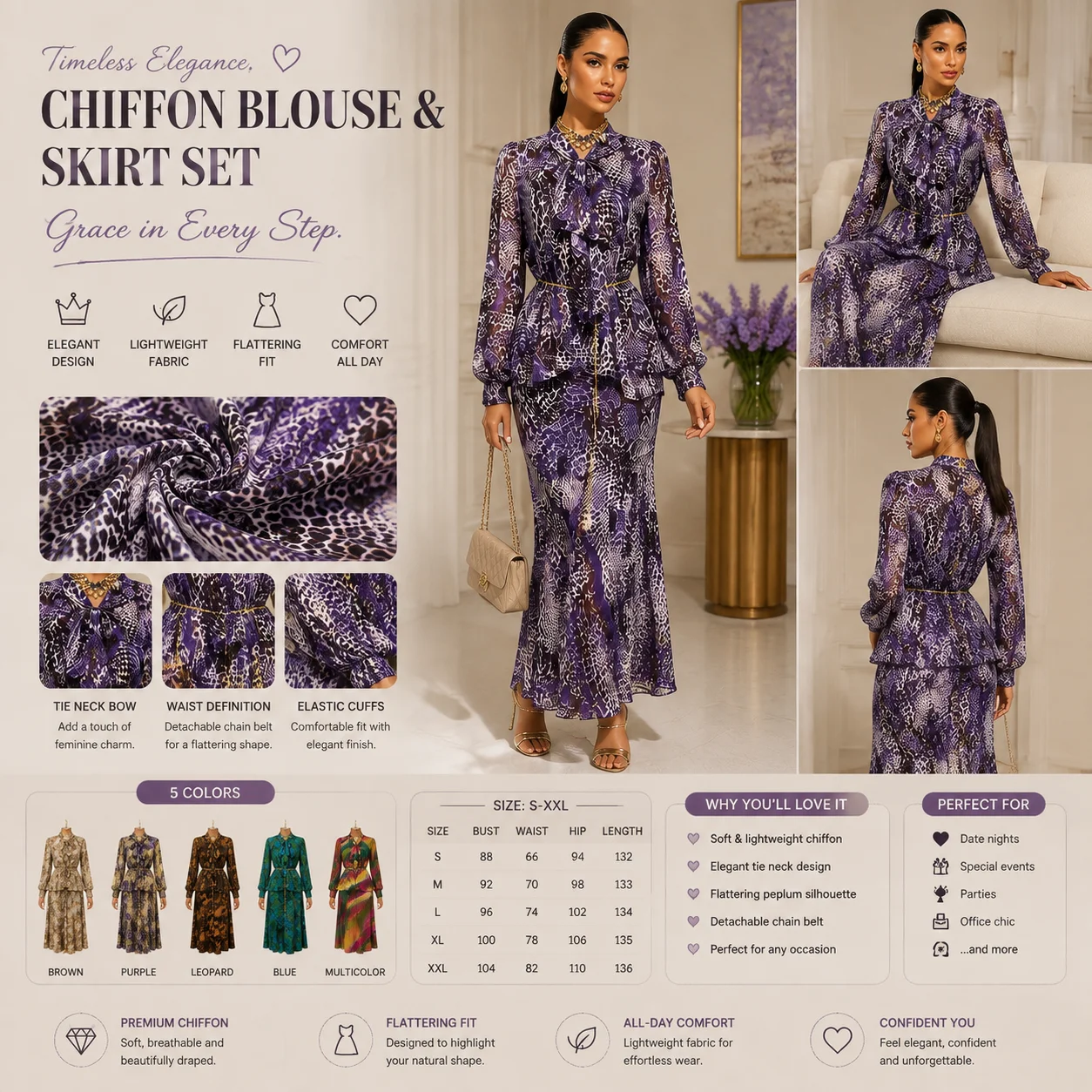 Women Chiffon Two Piece Set Pr - Women Formal Blouses For Evening Wear recension och pris