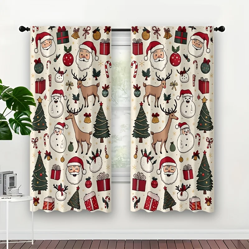 Christmas Element Curtain Panels, Santa Reindeer Snowman Xmas Tree Gift Beige Print Drapes for Christmas Bedroom Home Decor