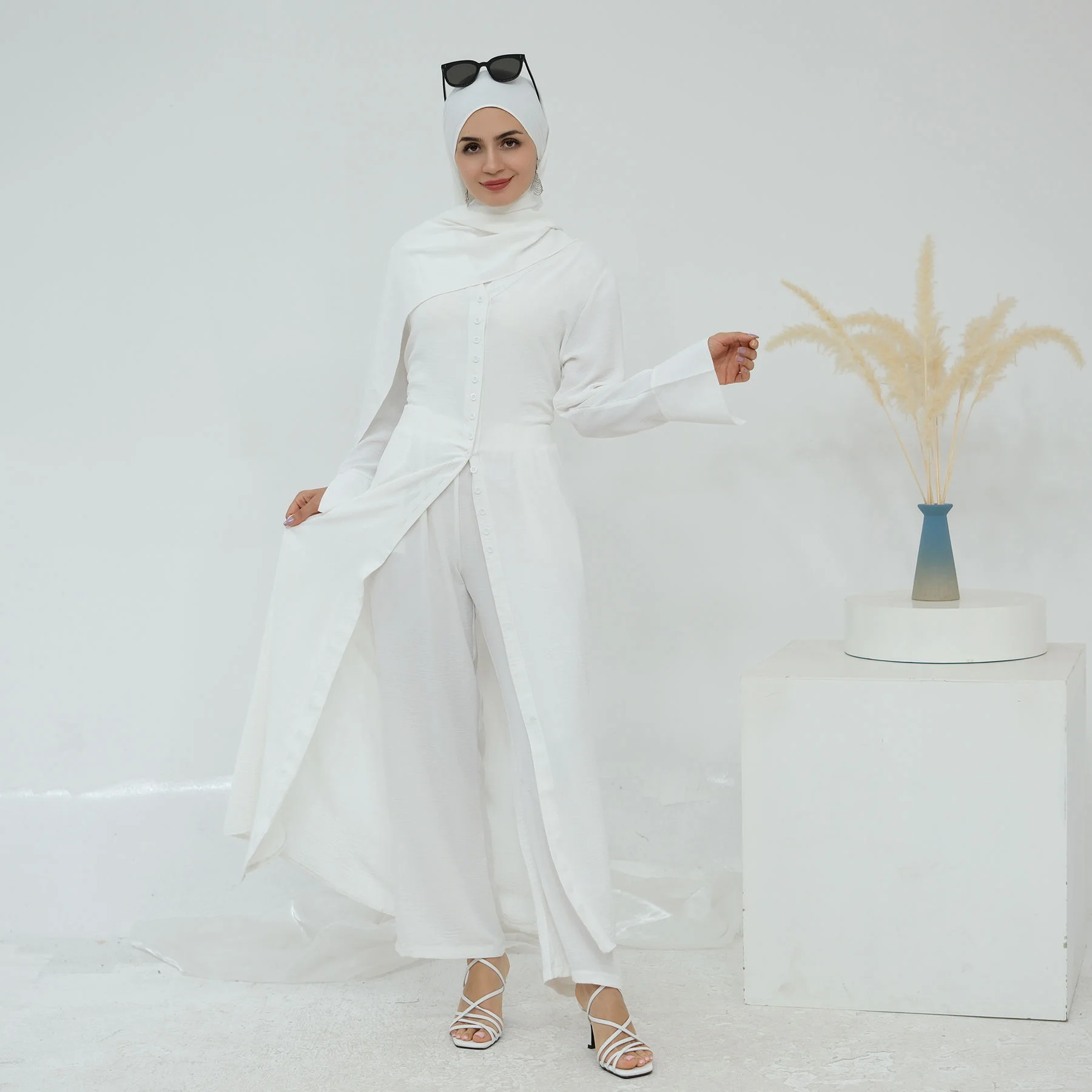 ใหม่มุสลิมชุดผู้หญิงปุ่มยาวเสื้อกางเกง 2 ชิ้นชุดตุรกี Kaftan ดูไบ Abaya Eid Ramadan อิสลามเสื้อผ้าชุด