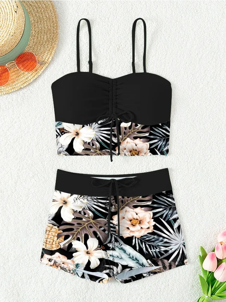 Summer Women Vintage Black Floral Print Bikini Set Pleated Push Up Drawstring High Waist Tankini Swimsuit 2025 New Swimwear