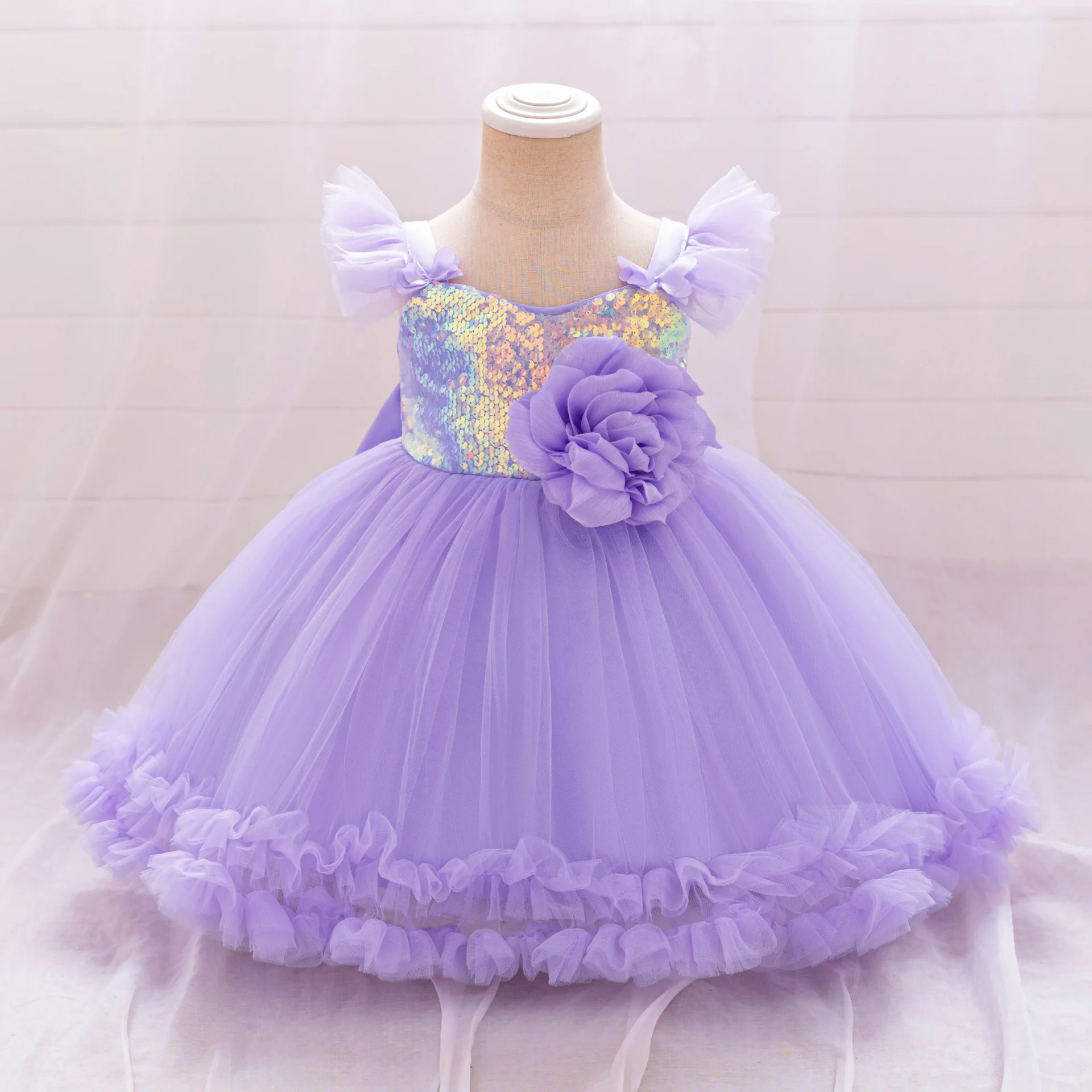 Baby Sequin Big Flower Party Dress Girls Lace Fluffy Birthday Princess Gown Kids Fashion Evening Clothing Girl Summer Costumes