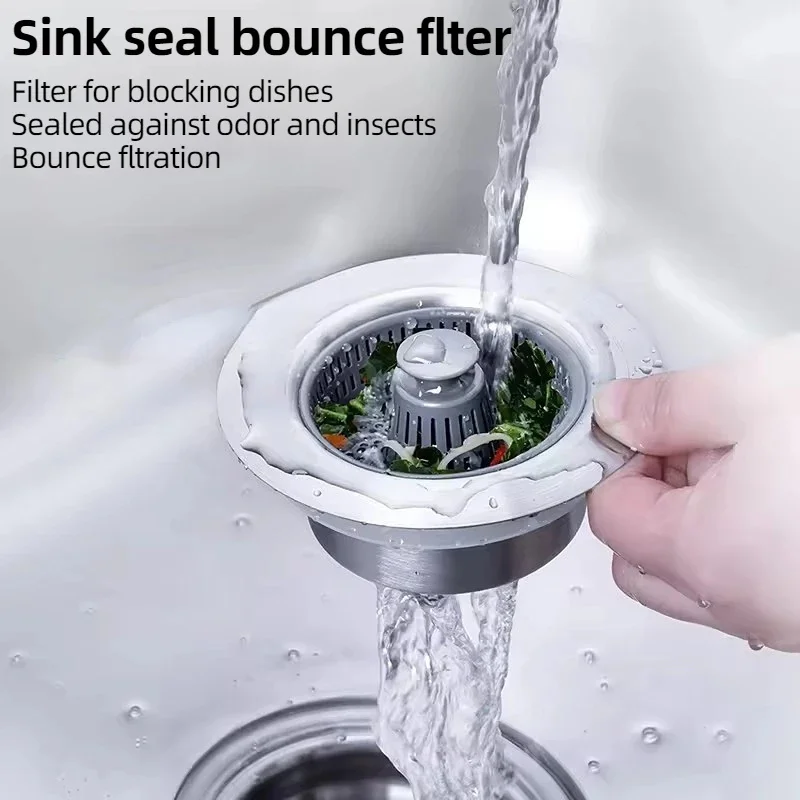 Kitchen Filter Sink 3 In 1 Pop Up ABS Silver Plated Sink Strainer Drain Basket Stopping Blockage Bouncing Core Leak-proof Plug