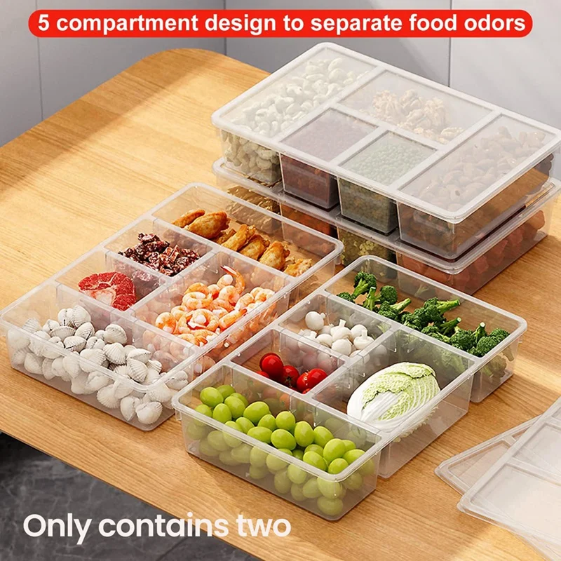 2 Pack Divided Vegetable Trays With Lids, Compartment Refrigerator Snack Boxes, Transparent Refrigerator Storage Boxes