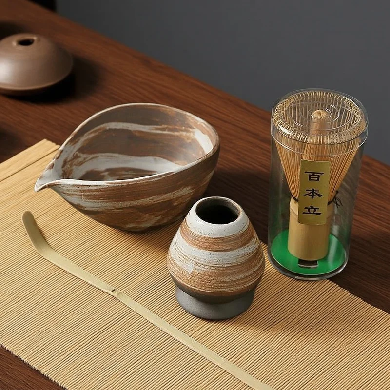 

Coarse pottery matcha bowl with mouth tool brush Japanese bowl cup mixer tea utensils set