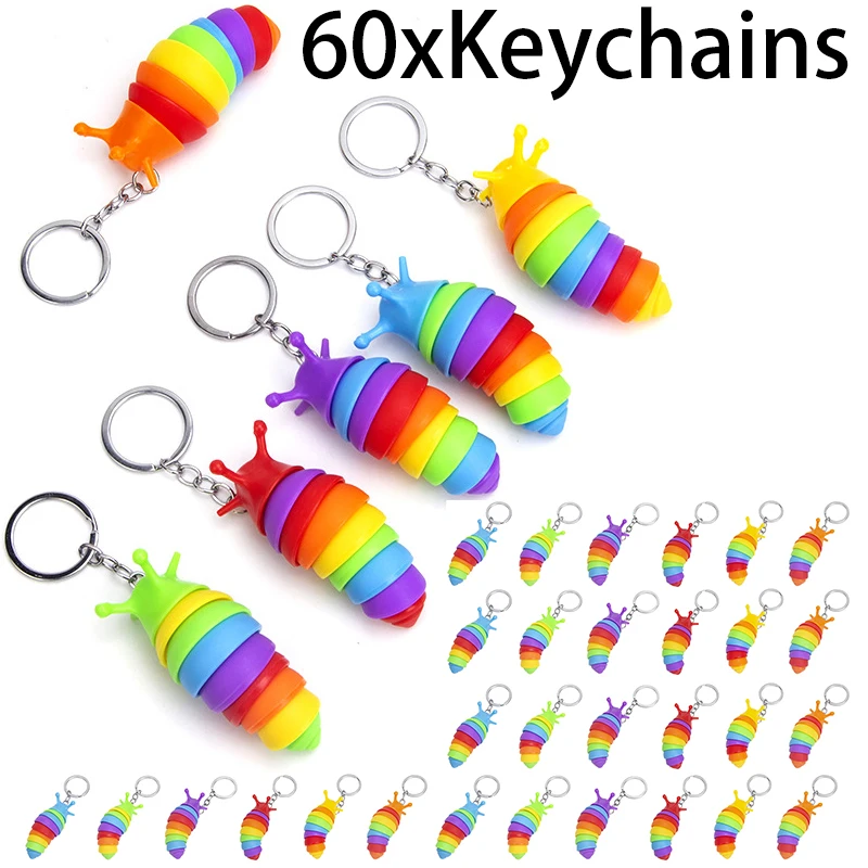 

60Pcs Finger Slug Snail Caterpillar Key Chain Relieve Stress Anti-Anxiety keyrings Squeeze Sensory Toys Party Favor