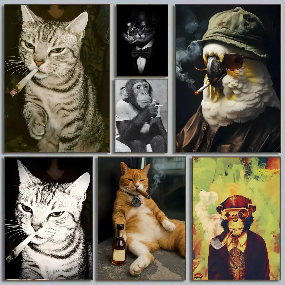 Smoking Animals Poster Self-adhesive Art Waterproof Paper St