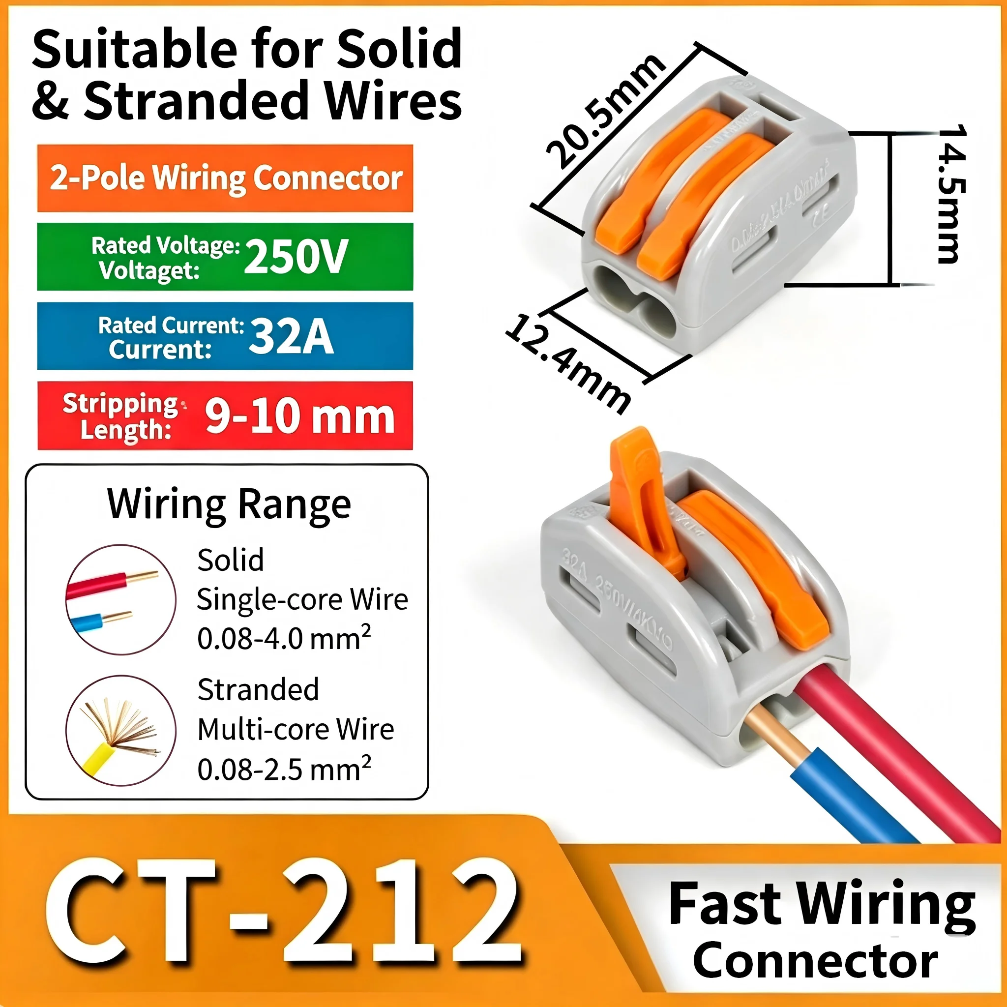PCT-212 Spring Lever Terminal Block 2-Way Cable Wire Connector