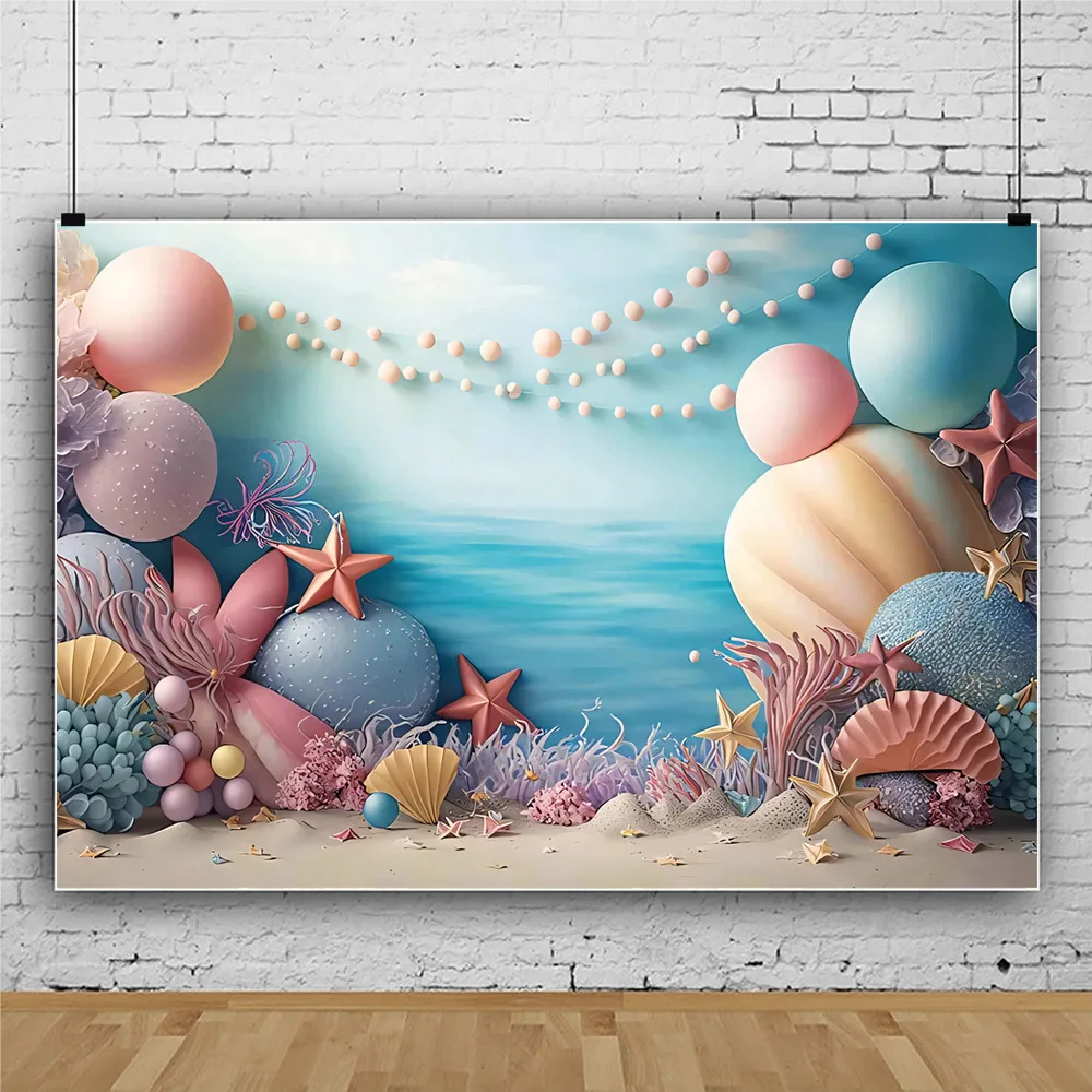 Fond de photographie sous la mer, décor de portrait de fille, toile de fond de studio photo, lieu de fête d'anniversaire, sirène et coquillage, perle