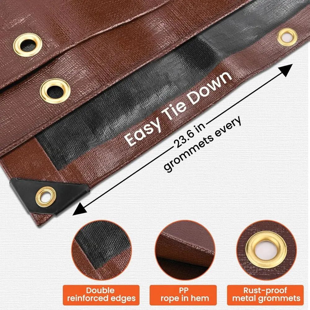 أقمشة قماشية مقاومة للماء شديدة التحمل بطول 16 قدم × 12 قدمًا مع حلقات نحاسية، حواف معززة، حماية من الأشعة فوق البنفسجية للأماكن الخارجية، والتخييم، وحمام السباحة، وCov السيارة