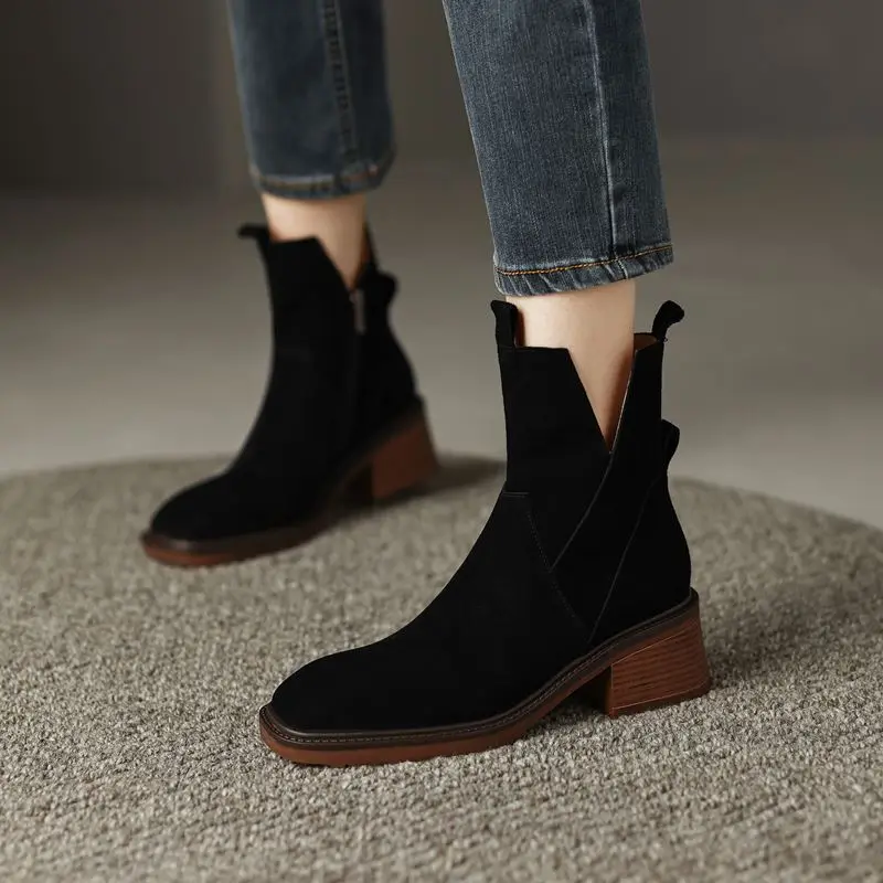 MORAZORA 2022 Size 34-43 New Cow Suede Leather Women Boots Square Heel Ankle Boots Fashion Black Apricot Autumn Winter Boots