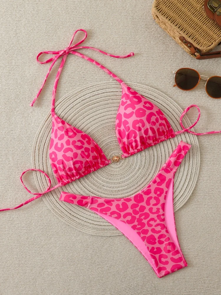 

Bikini Women Swimsuit 2026 New Leopard Dot Halter Bikinis Set Sexy Thong Swimwear Summer Two Piece Beachwear Bathing Suit Female