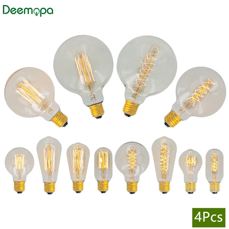 4Pcs Retro Edison Light Bulb E27 220V 40W ST64 G80 G95 G125 T45 T185 A19 Filament Incandescent Ampoule Bulbs Vintage Edison Lamp