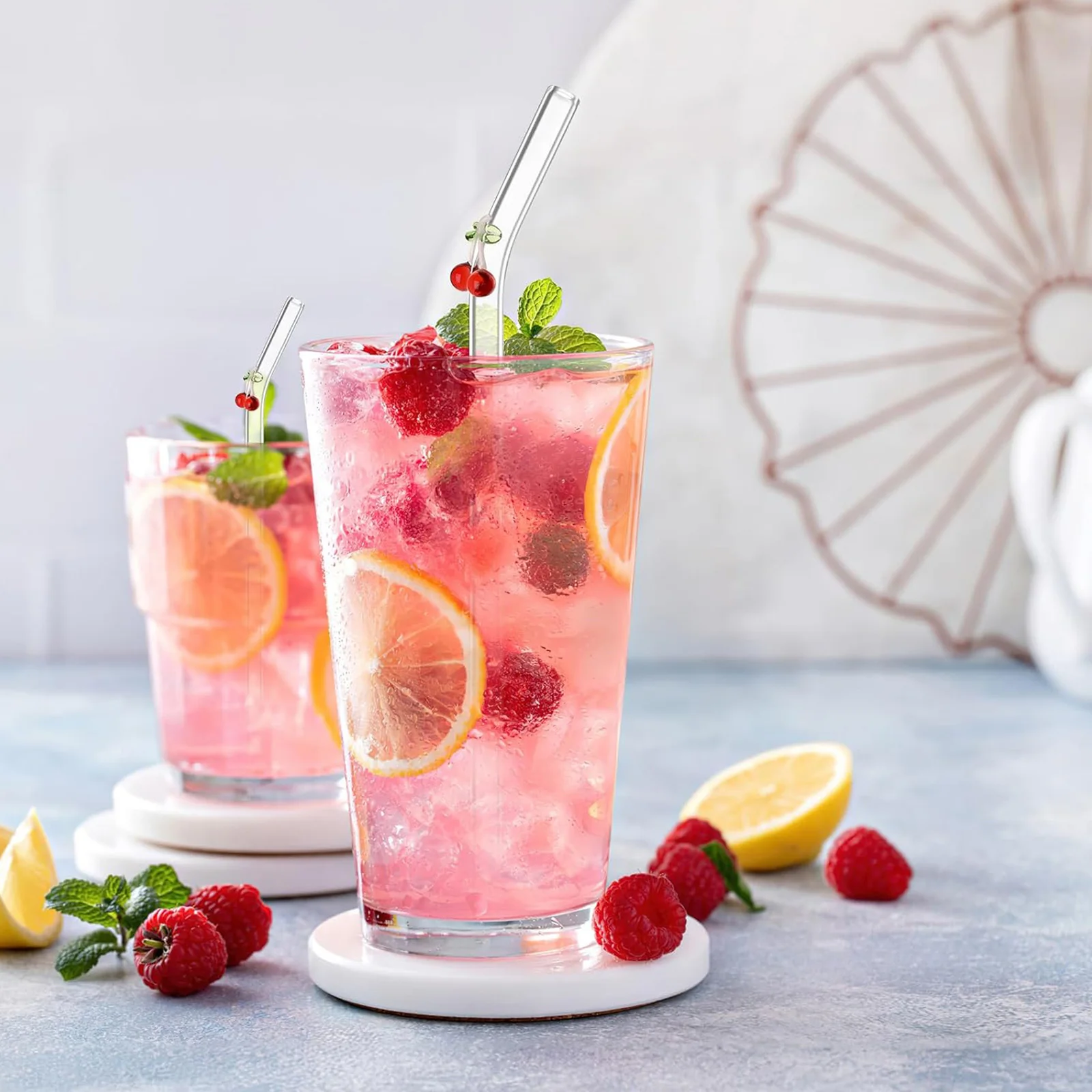 1/2/5Pcs/set Reusable Straws Clear Glass Straws Colorful Cherry Design with 1 Cleaning Brush for Smoothies, Milkshakes, Juices,