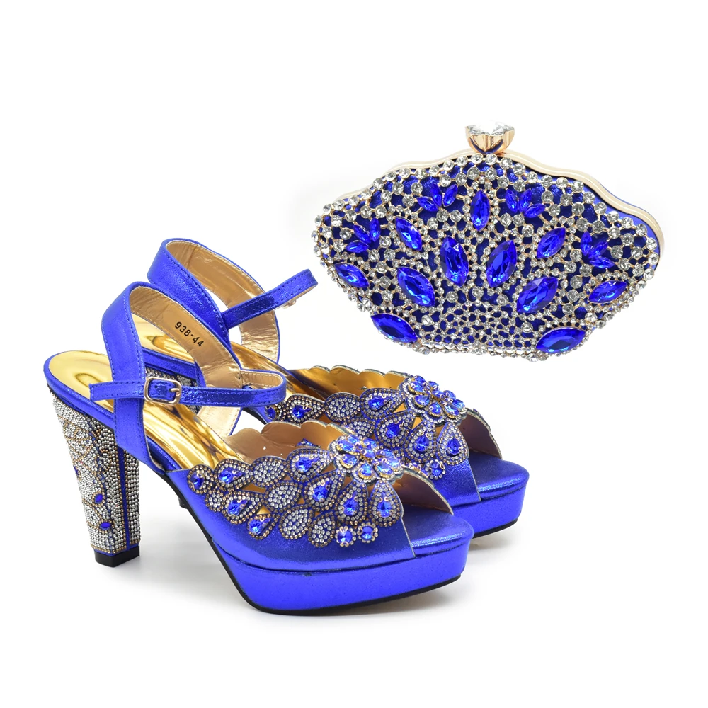 Ladies Party Shoes with Matching Bag with Rhinestone High Heels Peep Toe Royal Blue Shoe and Purse Wedding Bride Shoes Designer