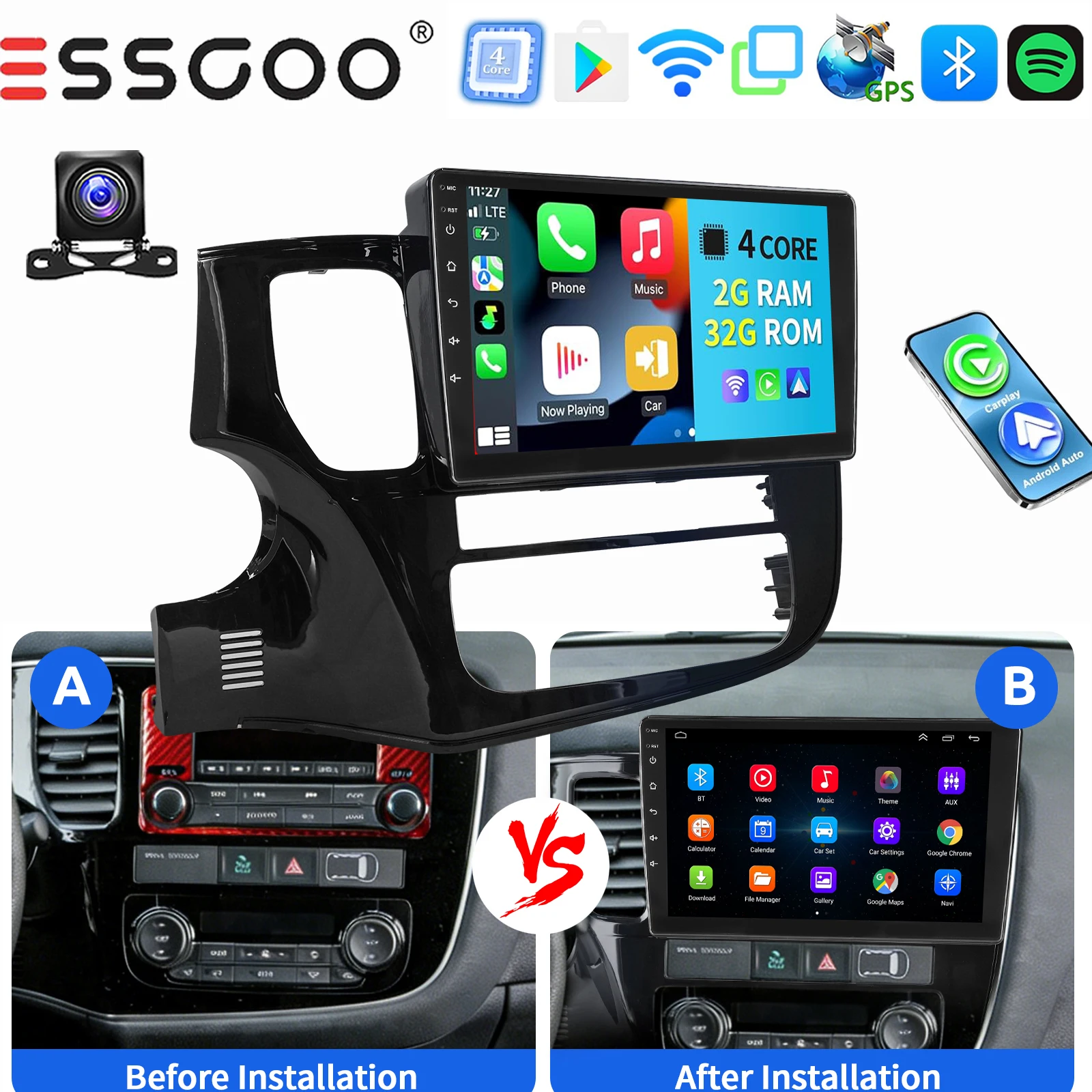 ESSGOO Draadloze Carplay Android auto 10 Inch IPS Aanraakscherm Voor Mitsubishi Outlander 2012-2018 Autoradio Android 15 GPS-navigatie WIFI Stuurwielbediening RDS Bluetooth FM Spiegellink ASP-geluid