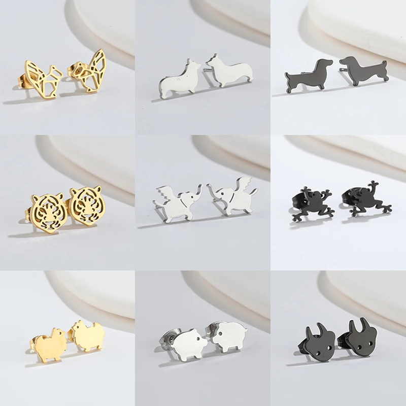 Cartoon Stainless Steel Tiger Pig Stud Earrings for Women Cute Squirrel Elephant Ear Jewelry Girls Animal Earring Accessories