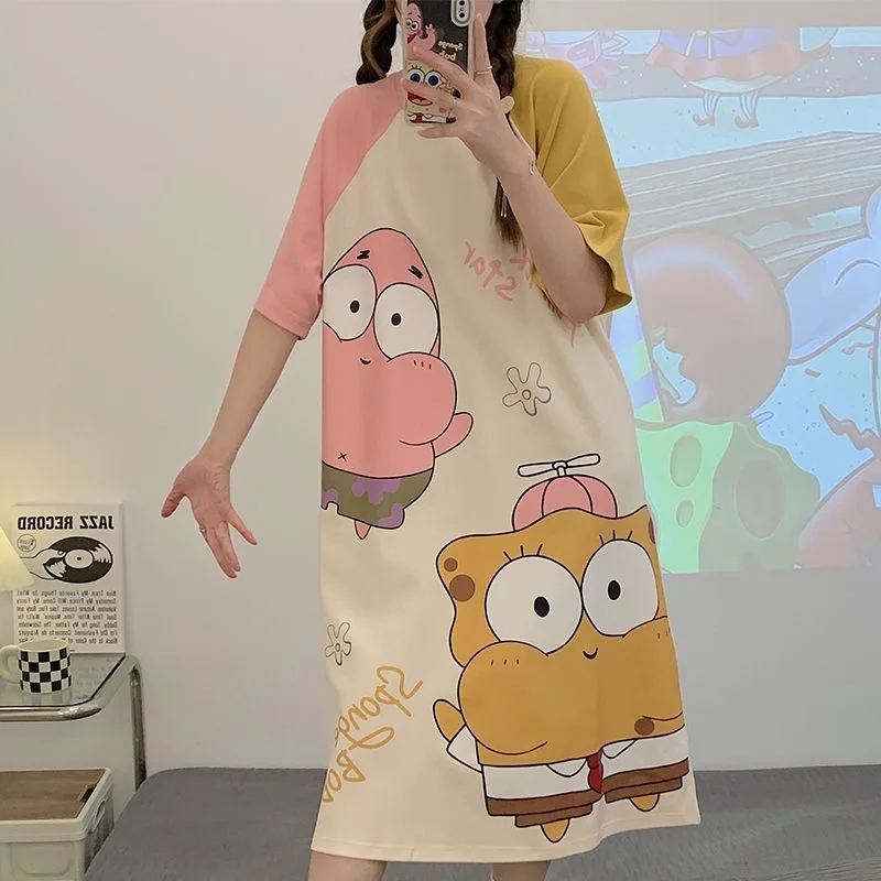 2024 Summer New Sanrio Kulomi3D Printed Cartoon Pattern Girl Shoulder Short Sleeve Dress KID/Adults Cute Loose Casual Pajamas