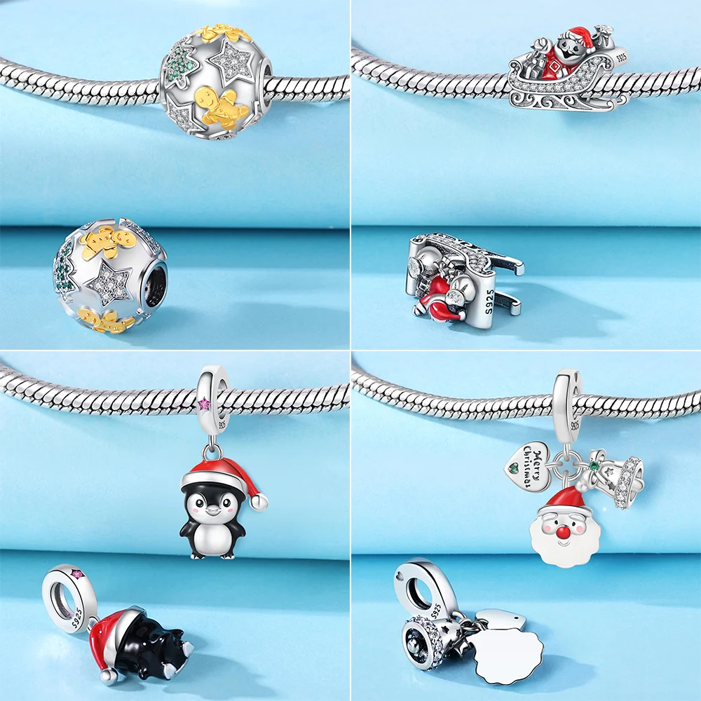 S925 Silver Christmas Snowflake Charms Heart Shaped Shiny Zircon Bead Fit Original Bracelet Diy Fine Jewelry Christmas Gift