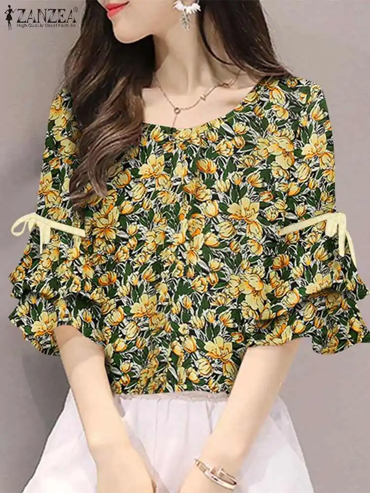 2024 ZANZEA Summer Blouse Women Short Sleeve Floral Printed Casual Shirt Elegant Work Blusas Bohemian Stylish Holiday Tops Tunic