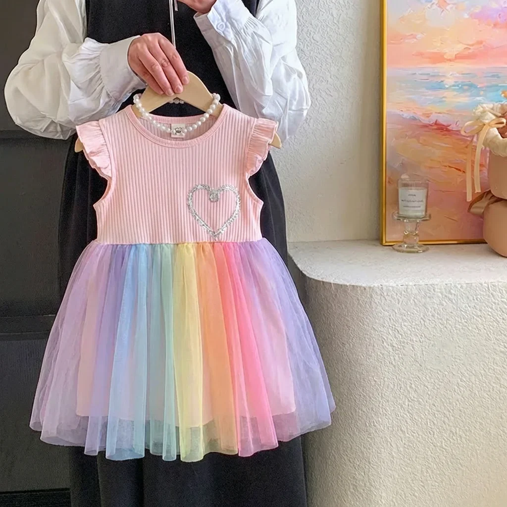Summer New Sweet and Cute Rainbow Round Neck Flying Sleeve Mesh Princess Dress for Girls Aged 2-6 Korean Version