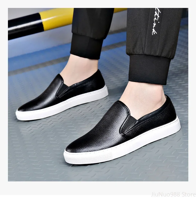 New High End Men Genuine Leather Casual Shoes Fashion Concise Cool Slip-on Loafers Man Flat Leather Skate Shoes