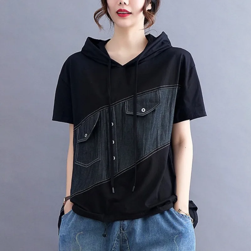 Summer New Women Solid Color Korean Commute Button Short Sleeve T-shirt Irregular Spliced Hooded Drawstring Hoodies Casual Tops