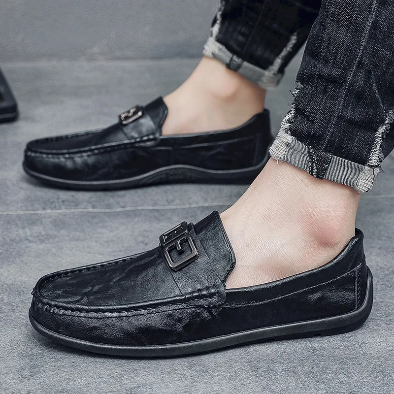 luxury brand black shoes for man loafers PU leather casual shoes designer barefoot hombre