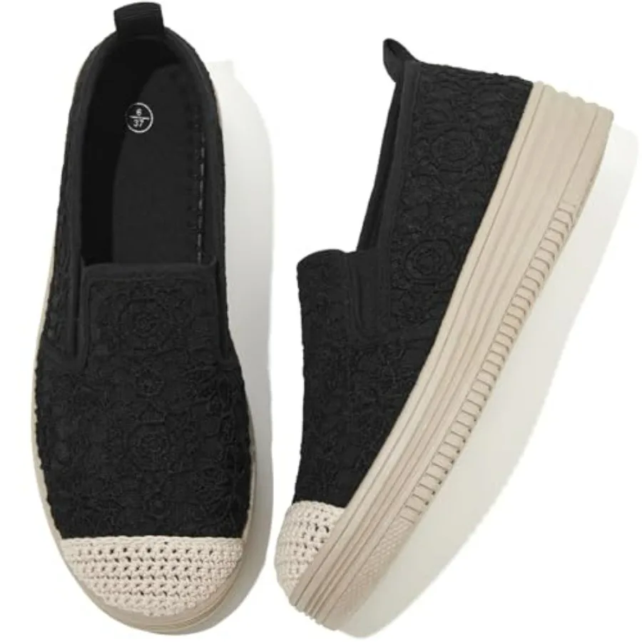 

Shupua Womens Espadrilles Slip on Shoes Stylish Lace Casual Loafers Lightweight Platform Sneakers Comfortable Spring Flat Shoes