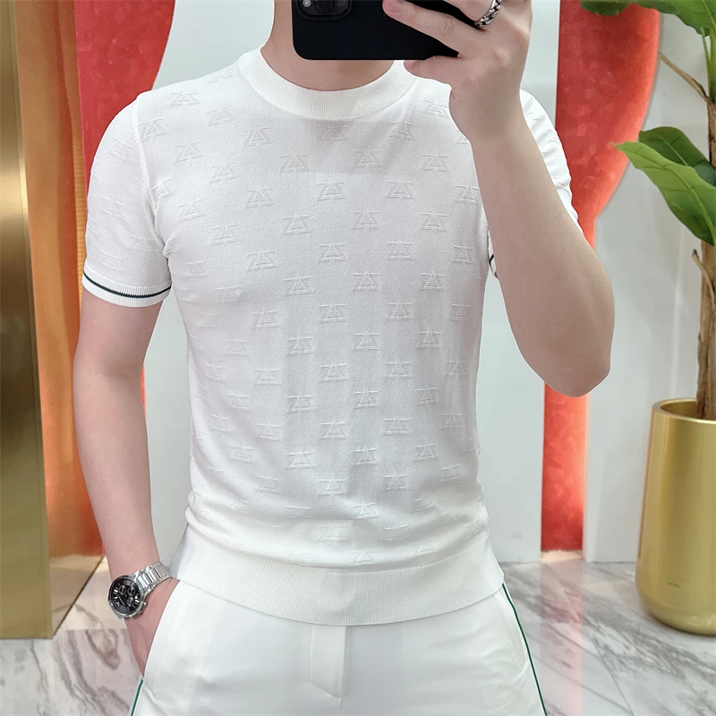 Brand Summer Elastic Jacquard Knitted T-shirt Men Round Neck Ice Silk Thin Short Sleeved Tshirts Casual Business Versatile Tops