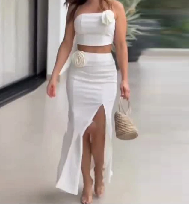 2 Pieces Sets Womens Outfit 2025 Spring Summer Casual New Solid Color Elegant Sexy Hot Girl Strapless Top & Skirt Fashion Set