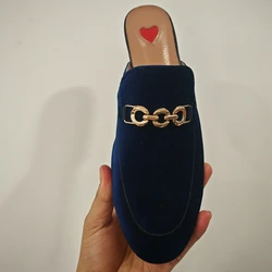 2025 Genuine Leather Brand Summer Shoes Slip On Large Size Embroidery Flat With Slingback Outside Slippers Metal Chains Mules