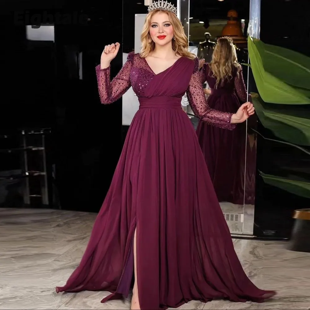 Eightale Elegant Evening Dresses Burgundy Glitter V-Neck Pleats Chiffon Long Sleeves Prom Party Gown Graduation robes de soirée