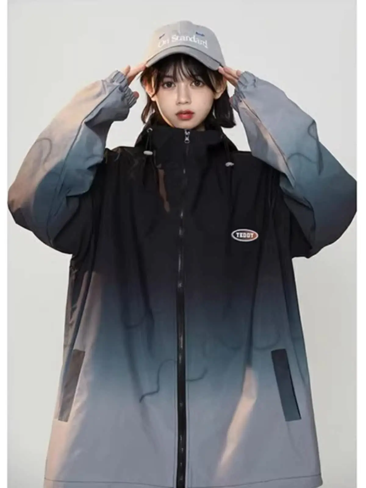 American Retro adient Color Men's Outdoor Climbing Jaet Spring Autumn Trendy Couple's Outfit Hiking Cycling Clothes