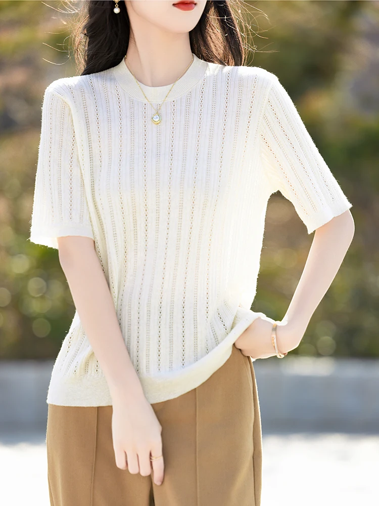

Fashion 100% Wool Women's Short Sleeve Pullover O-neck Hollow out Sweater T-shirt Spring Autumn Summer Wool Knitwear Top
