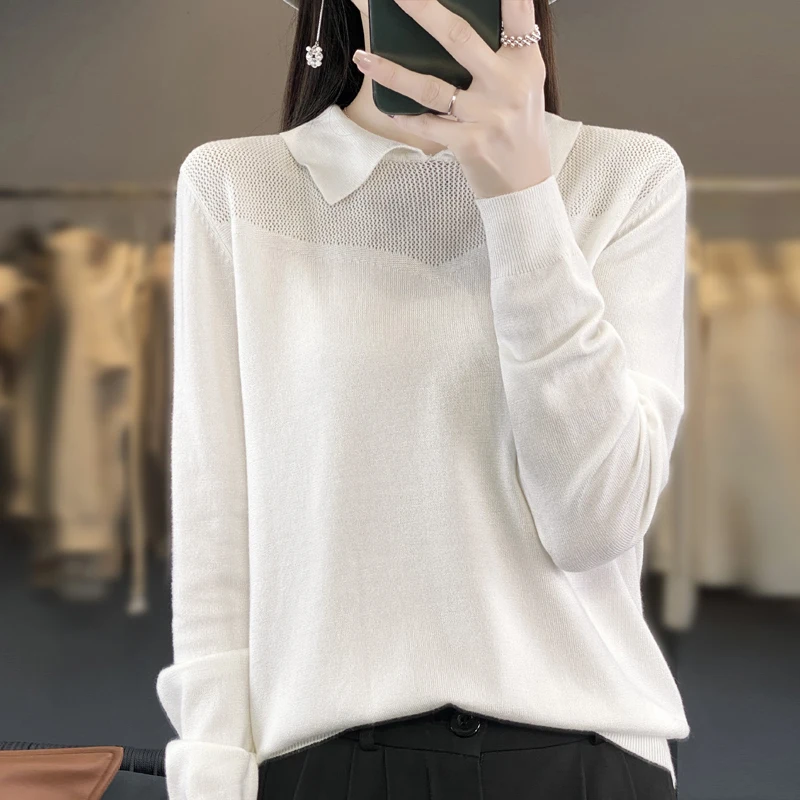 New Autumn And Winter Knitwear Women's Doll Neck Long Sleeve Pullover Solid Color Loose Hollow Out Simple Fashion Style Knitwea