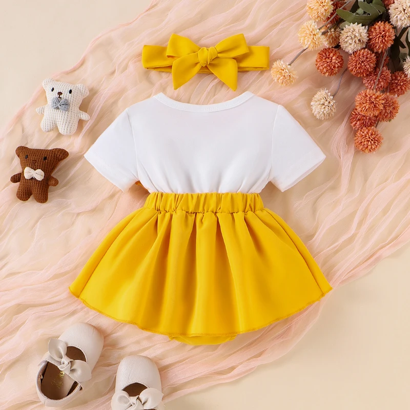 Baby Girls Summer Romper Dress Flying Sleeve Cartoon Doll Flower Embroidery Romper with Headband