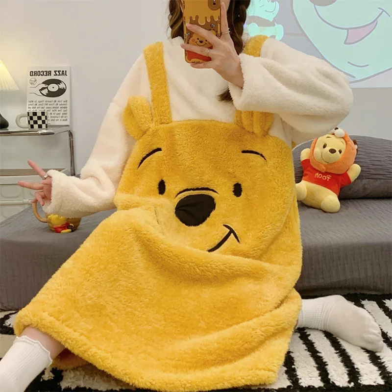 Cartoon Winnie the Pooh Dress Winter Cotton Long Sleeve Robe Skirt Women's Casual Warm Pajamas New Casual Disney Women's Dress