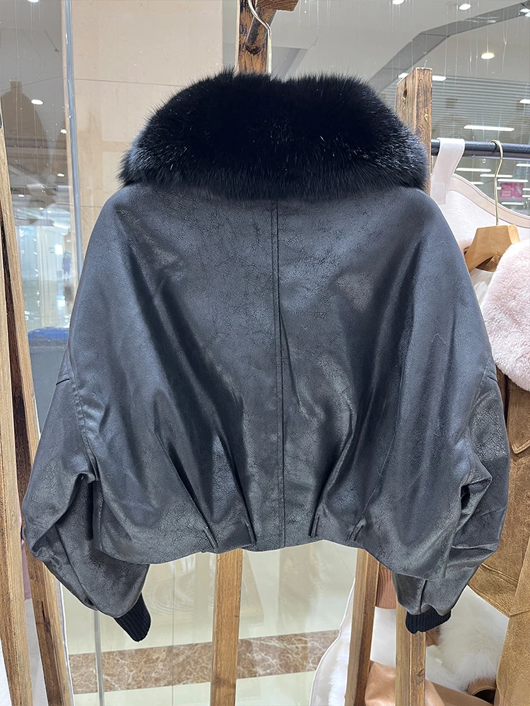 2025年冬 ナチュラルフォックスファー襟 ダックダウンコート レディース ルーズ ラグジュアリー 人工スエード パファージャケット 服