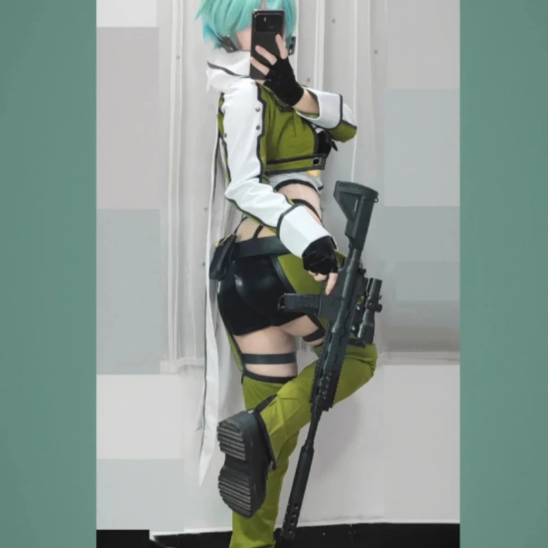 SAO Sword Art Online GGO Sinon Cosplay Costume Black Hooded Jacket Utility Belt Knee Pads Pouch Set For Women Halloween Party view 6