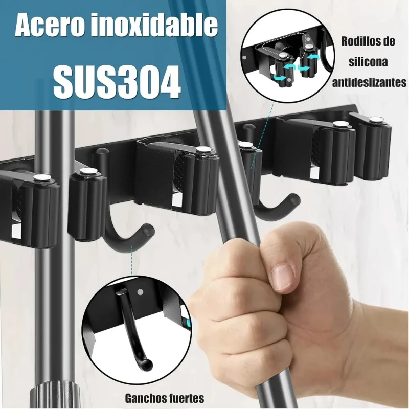 1 قطعة حامل ممسحة الحائط مع 5 مواضع و 4 خطافات من الفولاذ المقاوم للصدأ أدوات المطبخ الحمام تخزين الرف توفير المساحة